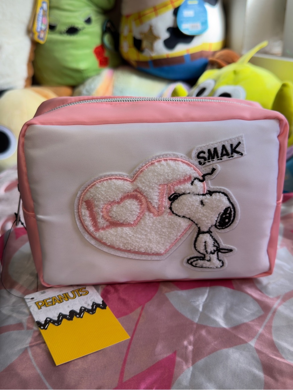 Peanuts Pink and White Snoopy Cosmetic Pouch - LOVE Heart Patch